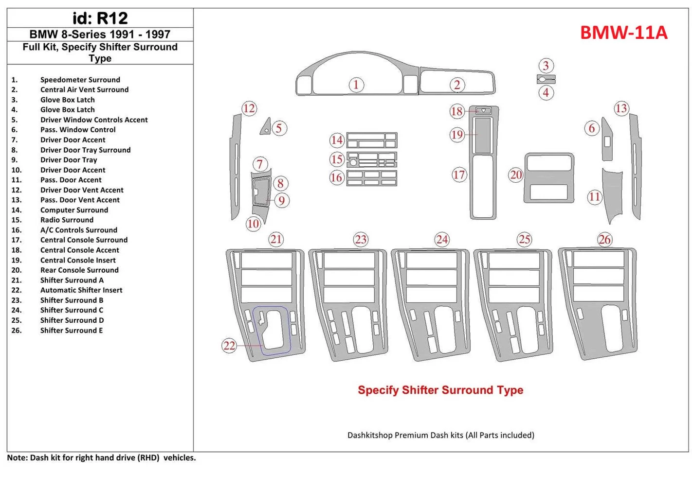 BMW 8 1991-1997 Full Set Cruscotto BD Rivestimenti interni