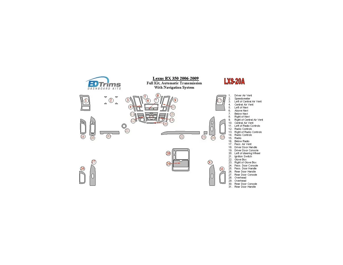 Lexus RX 350 2006-UP Ensemble Complet, Boîte automatique, Avec Navigation BD Kit la décoration du tableau de bord - 1 - habillag