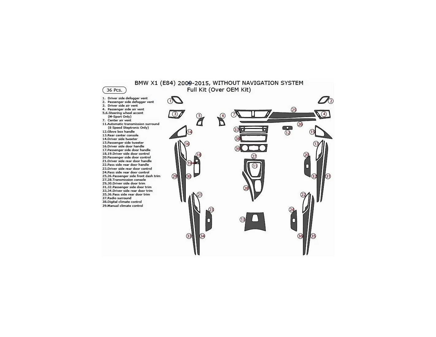 BMW X1 E84 2009–2015 Mittelkonsole Armaturendekor Cockpit Dekor 36-Teilige - 1- Cockpit Dekor Innenraum