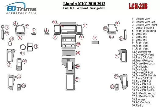 Lincoln MKZ 2010-2012 Ensemble Complet, Without NAVI BD Décoration de tableau de bord