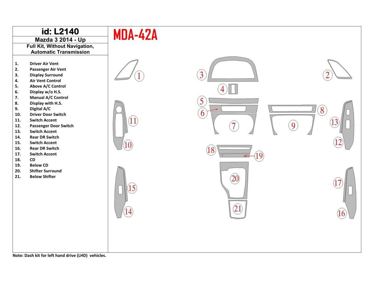 Mazda 3 2014-UP Full Set, Without NAVI, Automatic Gearbox Cruscotto BD Rivestimenti interni