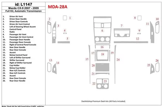Mazda CX9 2007-2009 Full Set, Automatic Gear BD Interieur Dashboard Bekleding Volhouder