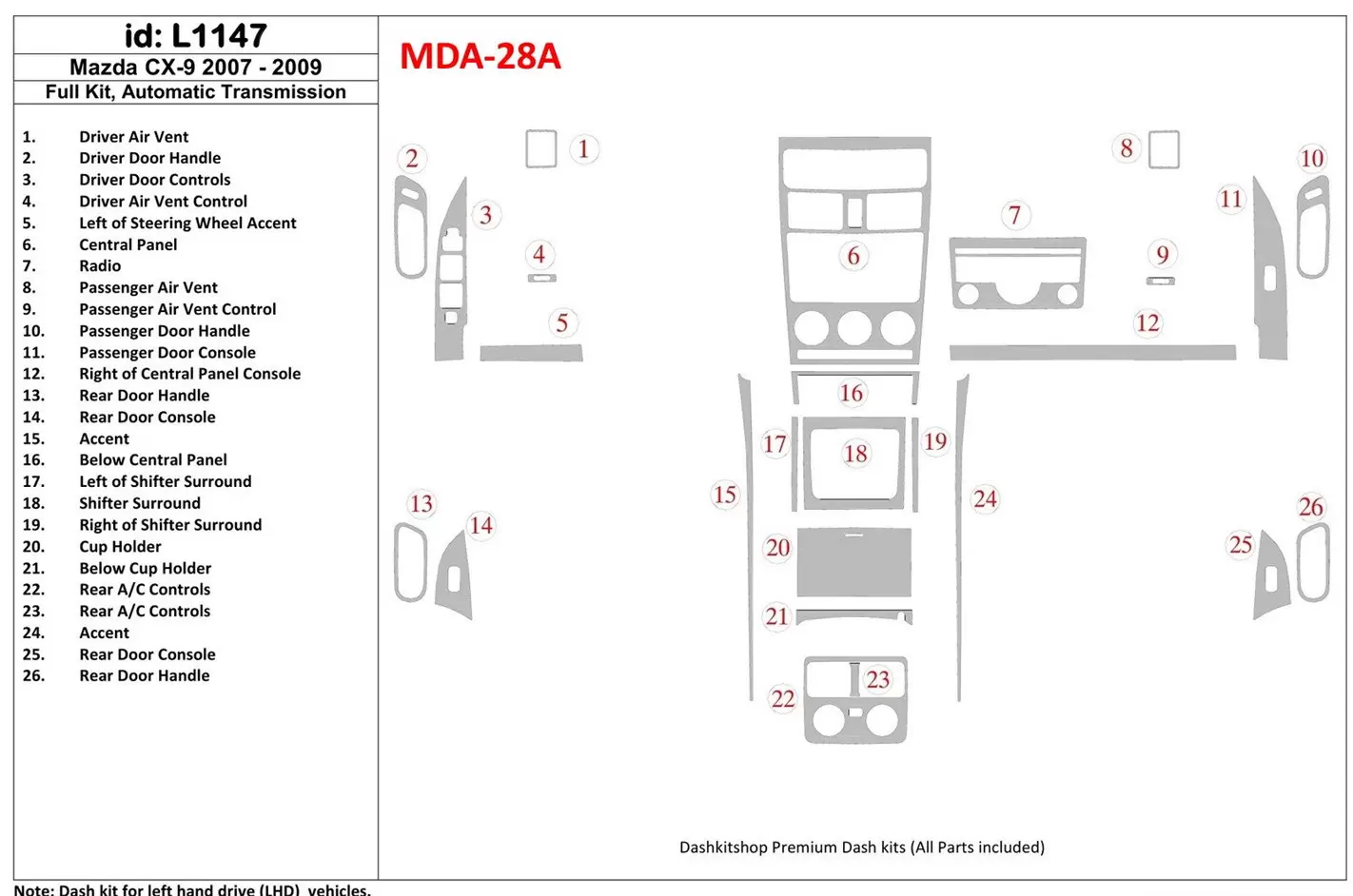 Mazda CX9 2007-2009 Full Set, Automatic Gear Cruscotto BD Rivestimenti interni