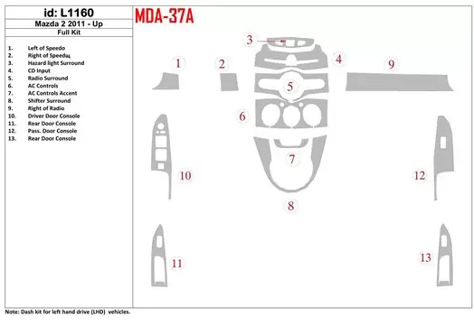 Mazda Mazda 2 2011-UP Ensemble Complet BD Kit la décoration du tableau de bord - 1 - habillage decor de tableau de bord