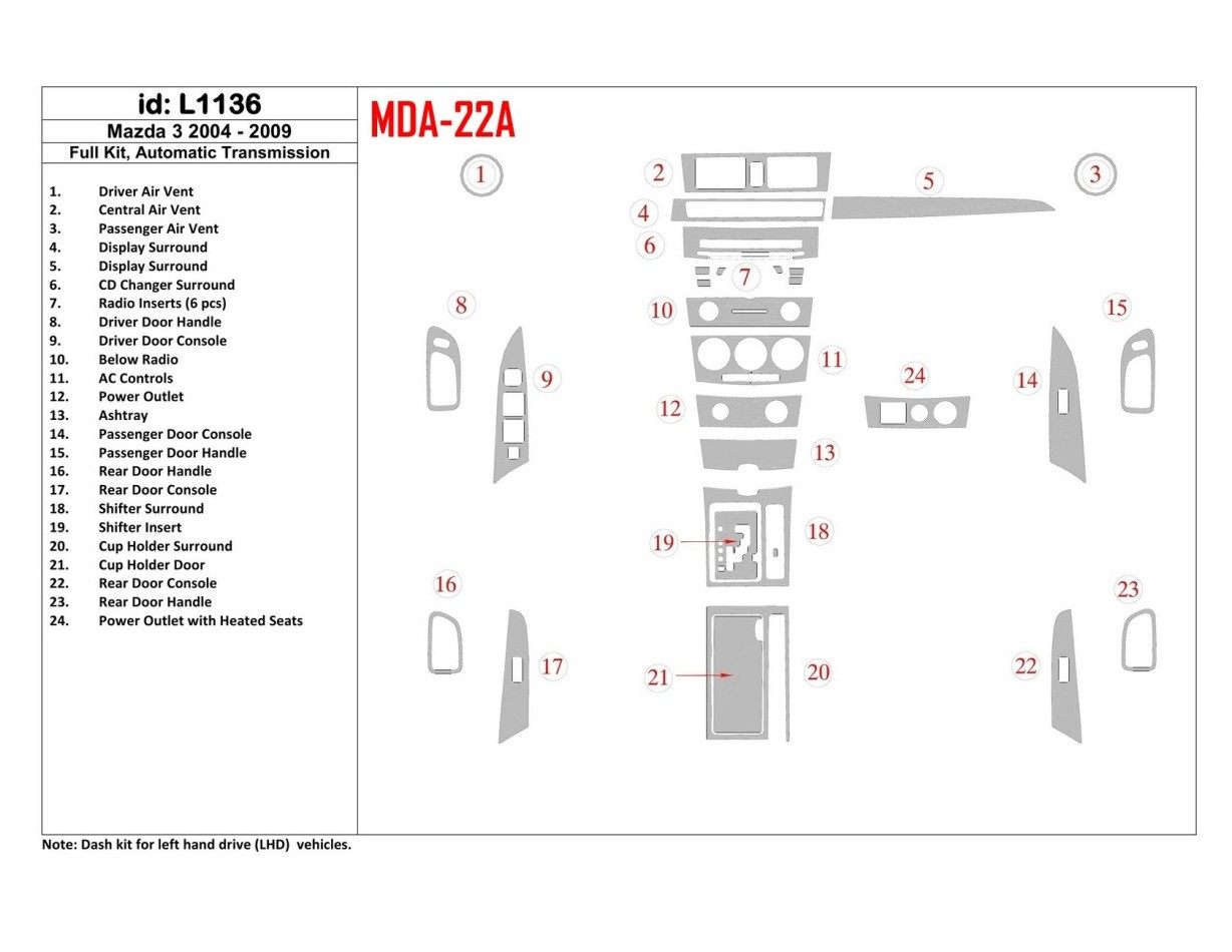 Mazda Mazda3 2004-2009 Boîte automatique, Avec NAVI BD Kit la décoration du tableau de bord - 1 - habillage decor de tableau de 