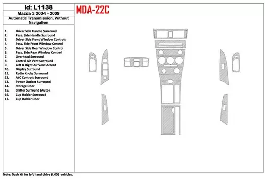 Mazda Mazda3 2004-2009 Boîte automatique, Sans NAVI BD Kit la décoration du tableau de bord - 1 - habillage decor de tableau de 