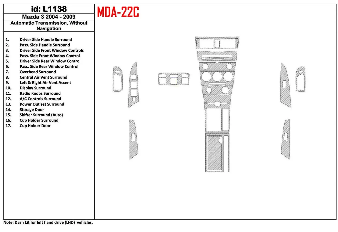 Mazda Mazda3 2004-2009 Boîte automatique, Sans NAVI BD Kit la décoration du tableau de bord - 1 - habillage decor de tableau de 