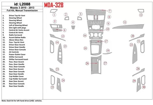 Mazda Mazda3 2010-2013 Full Set, Manual Gear Box Interior BD Dash Trim Kit