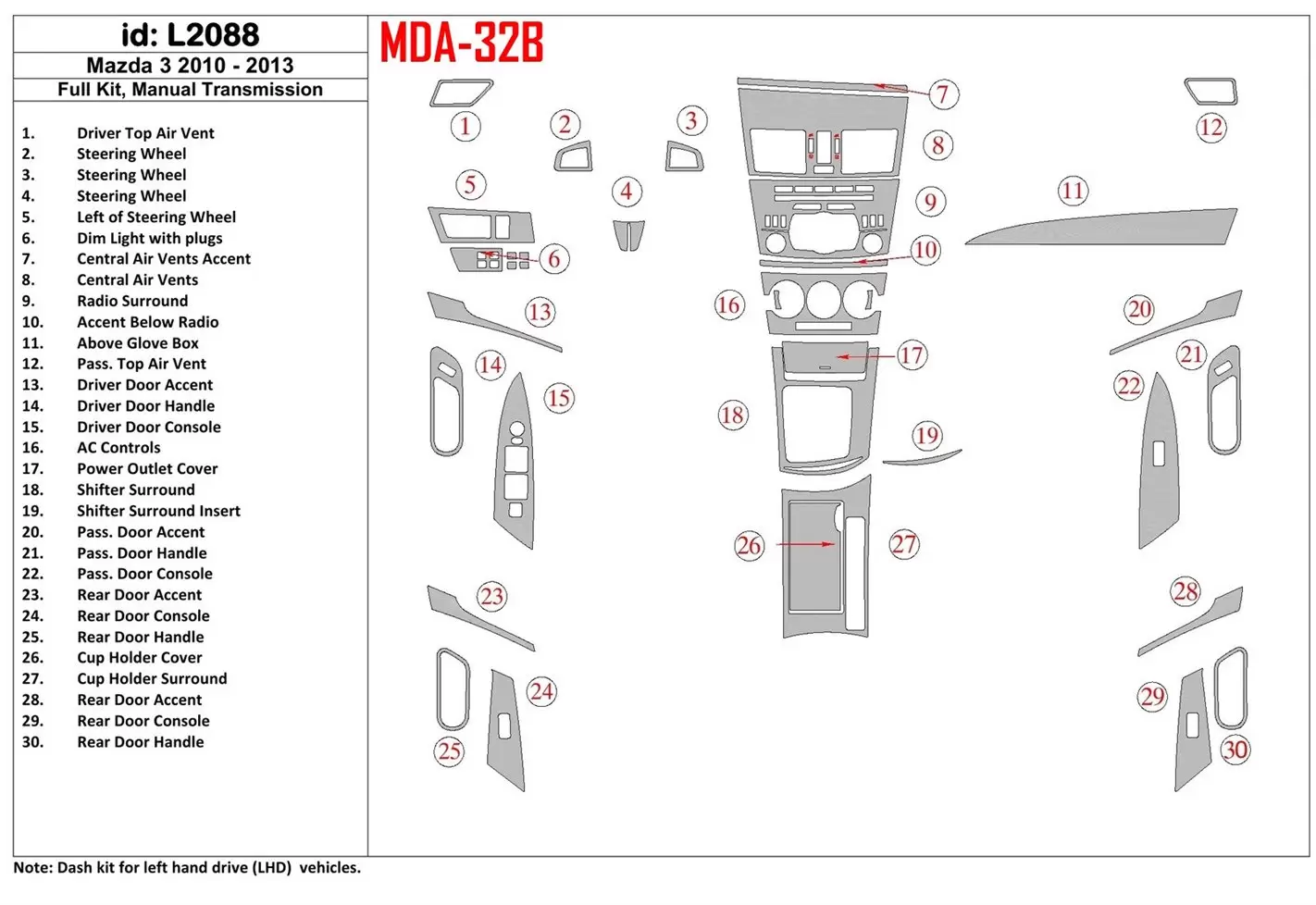 Mazda Mazda3 2010-2013 Full Set, Manual Gear Box BD Interieur Dashboard Bekleding Volhouder