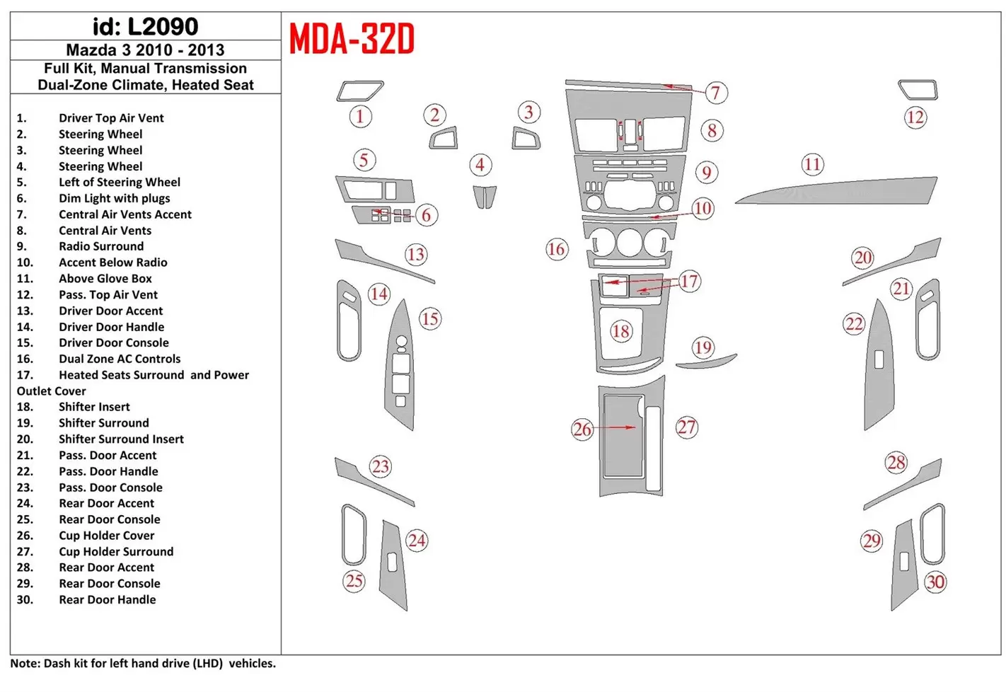 Mazda Mazda3 2010-2013 Voll Satz, Manual Gear Box, two-zone climate control, Heated Seats BD innenausstattung armaturendekor coc