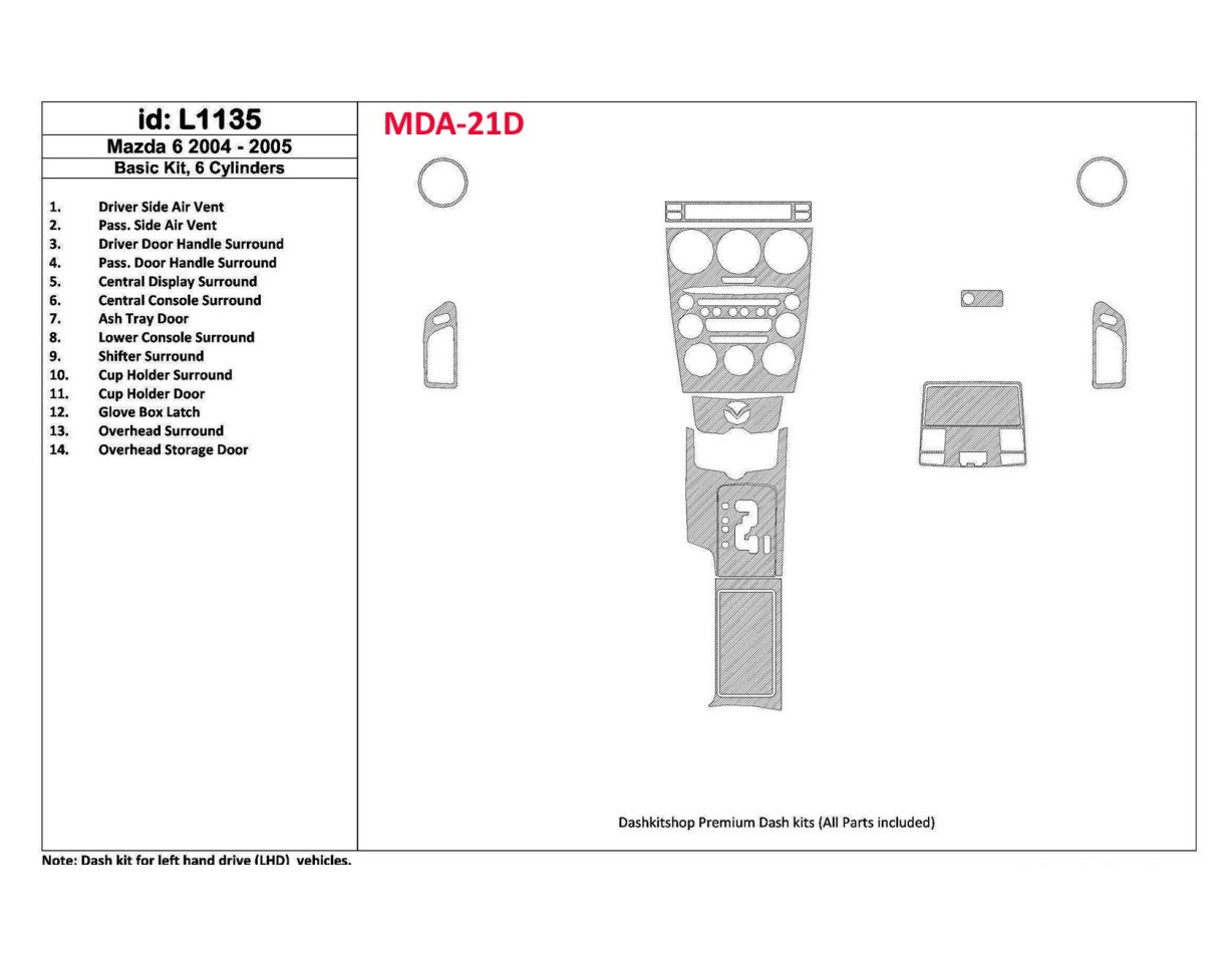Mazda Mazda6 2004-2005 Basic Set, 6 Cylinders BD Interieur Dashboard Bekleding Volhouder
