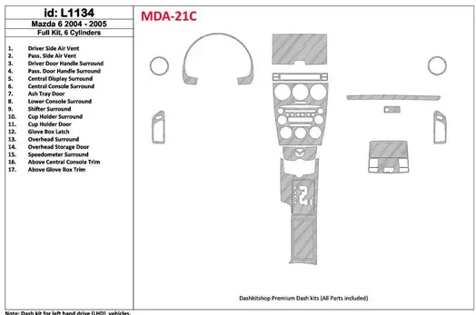 Mazda Mazda6 2004-2005 Full Set, 6 Cylinders BD Interieur Dashboard Bekleding Volhouder