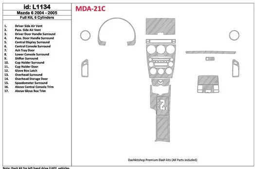 Mazda Mazda6 2004-2005 Full Set, 6 Cylinders Interior BD Dash Trim Kit
