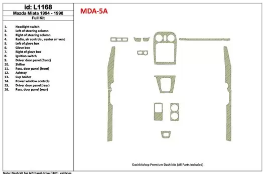 Mazda Miata 1994-1998 Full Set, 16 Parts set Cruscotto BD Rivestimenti interni