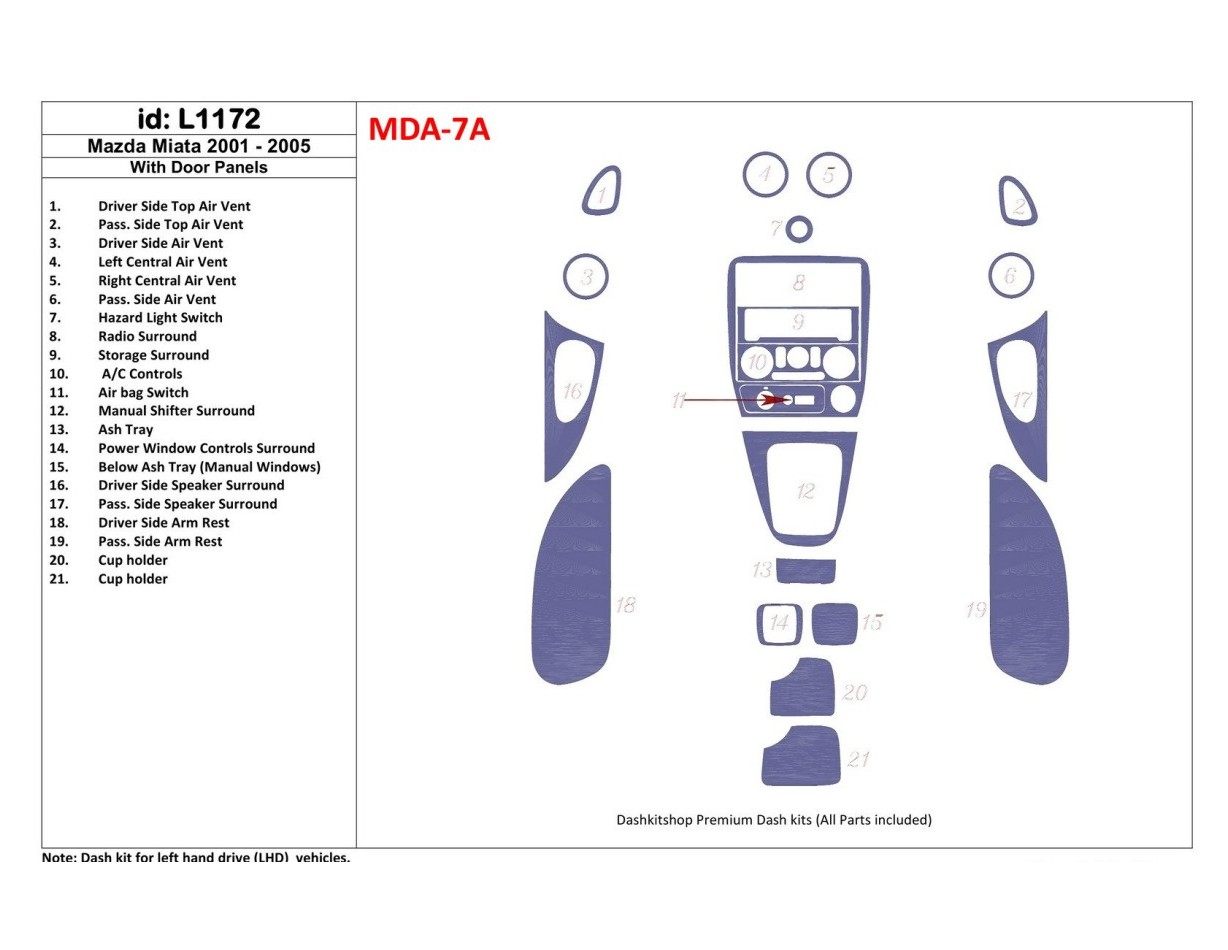 Mazda Miata 2001-2005 With Door panels, 21 Parts set Interior BD Dash Trim Kit