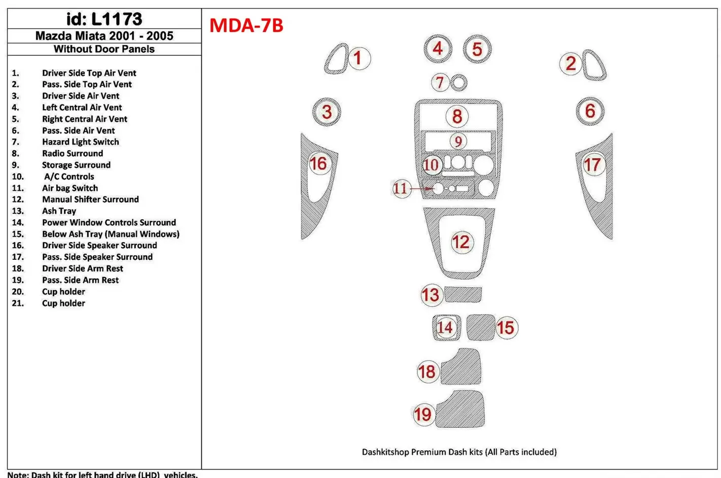 Mazda Miata 2001-2005 Without Door panels, 19 Parts set BD Interieur Dashboard Bekleding Volhouder