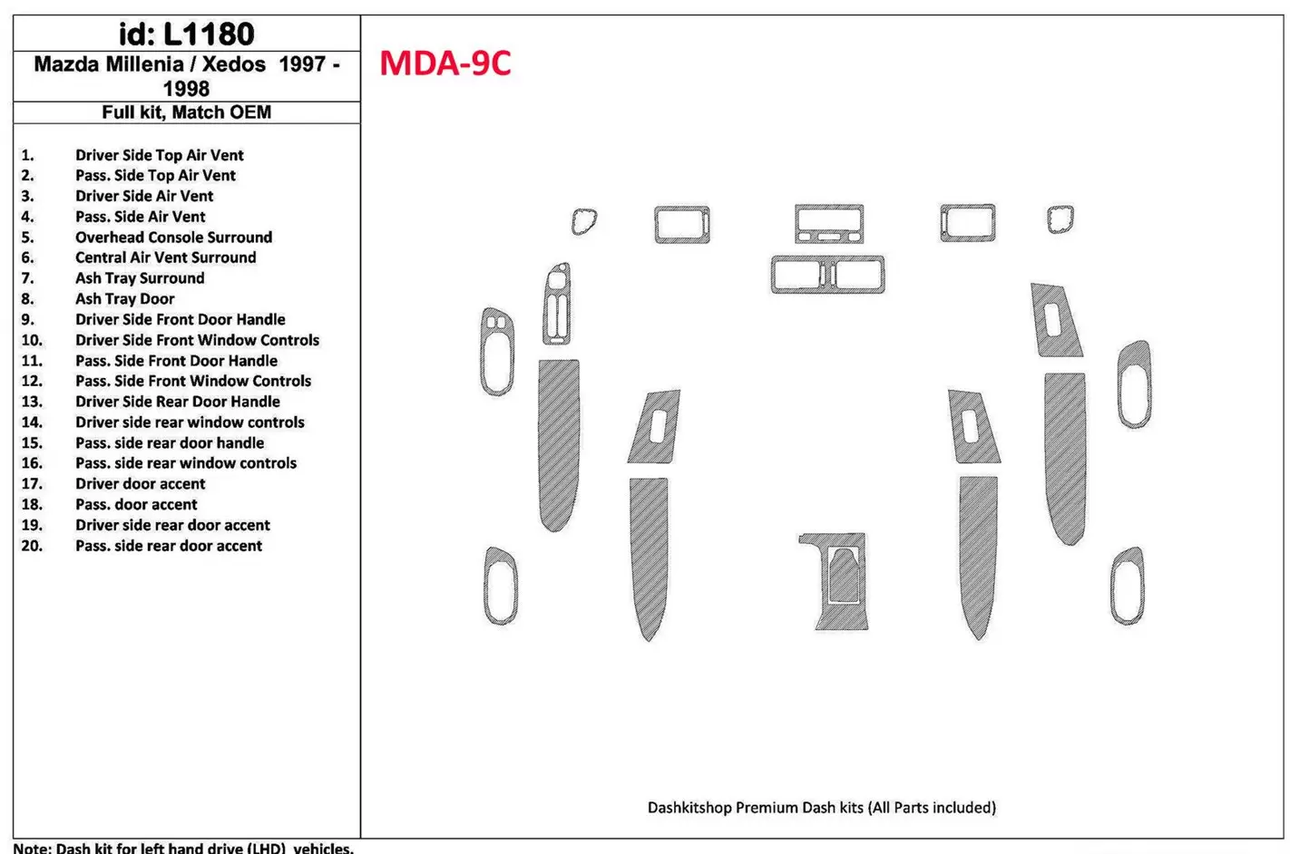 Mazda Milenia 1997-1998 Full Set, OEM Compliance, 20 Parts set Cruscotto BD Rivestimenti interni