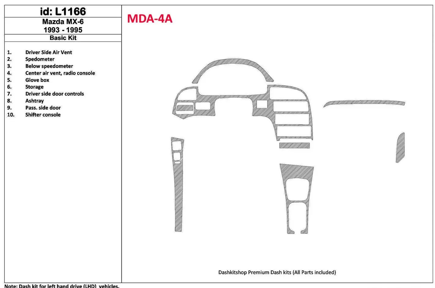 Mazda MX-6 1993-1995 Full Set, 11 Parts set Interior BD Dash Trim Kit