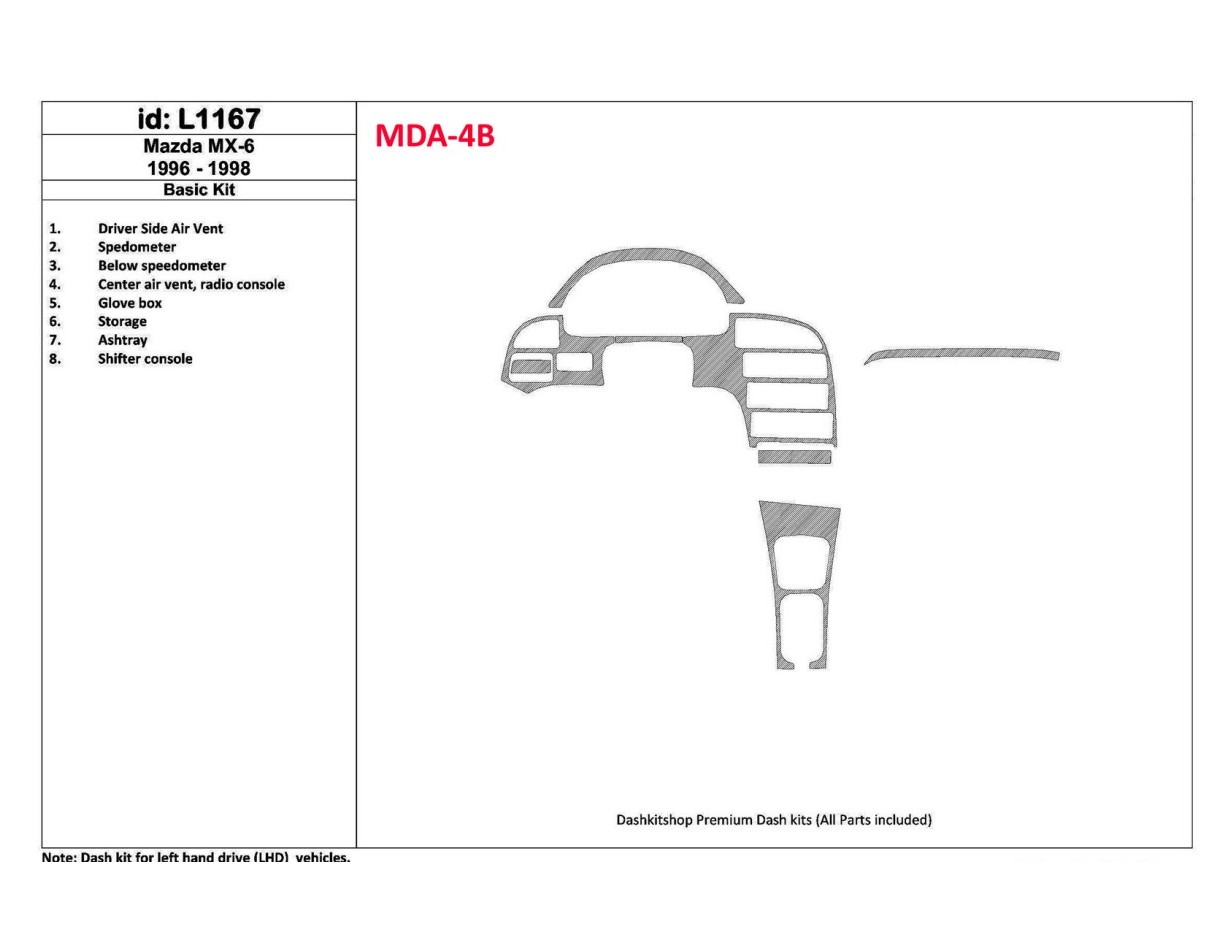 Mazda MX-6 1996-1998 Basic Set, 8 Parts set Cruscotto BD Rivestimenti interni