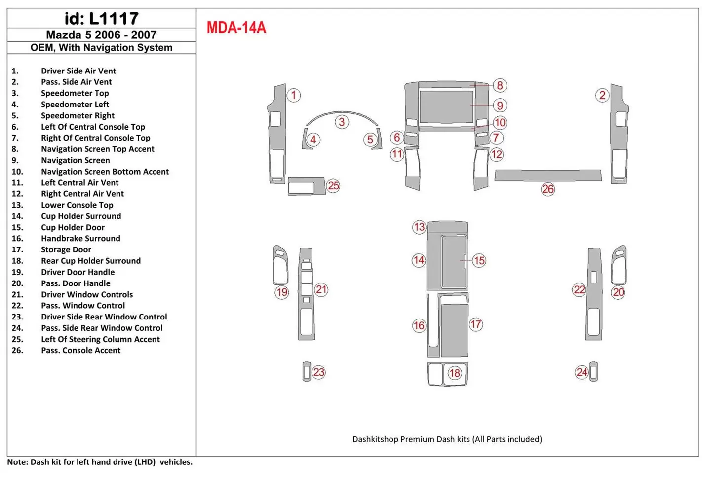 Mazda RX-7 1993-1995 Ensemble Complet, 5 Parts set BD Kit la décoration du tableau de bord - 1 - habillage decor de tableau de b