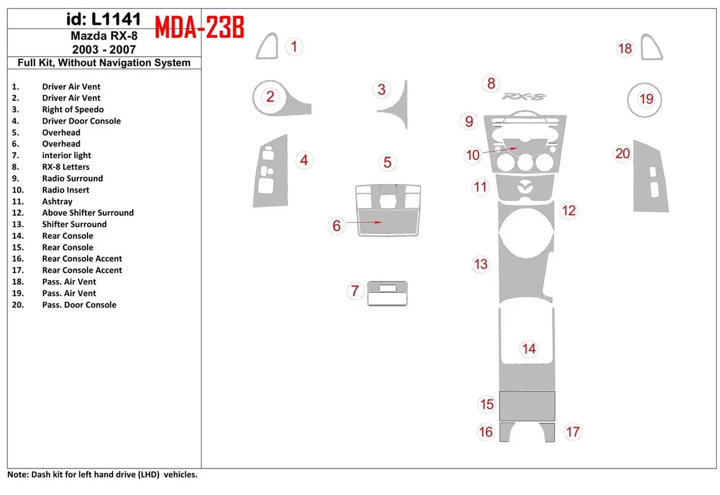 Mazda RX-8 2003-2007 Full Set, Without NAVI system Interior BD Dash Trim Kit