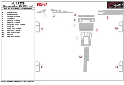 Mercedes Benz 190 1987-1992 Full Set, Automatic Gear BD Interieur Dashboard Bekleding Volhouder