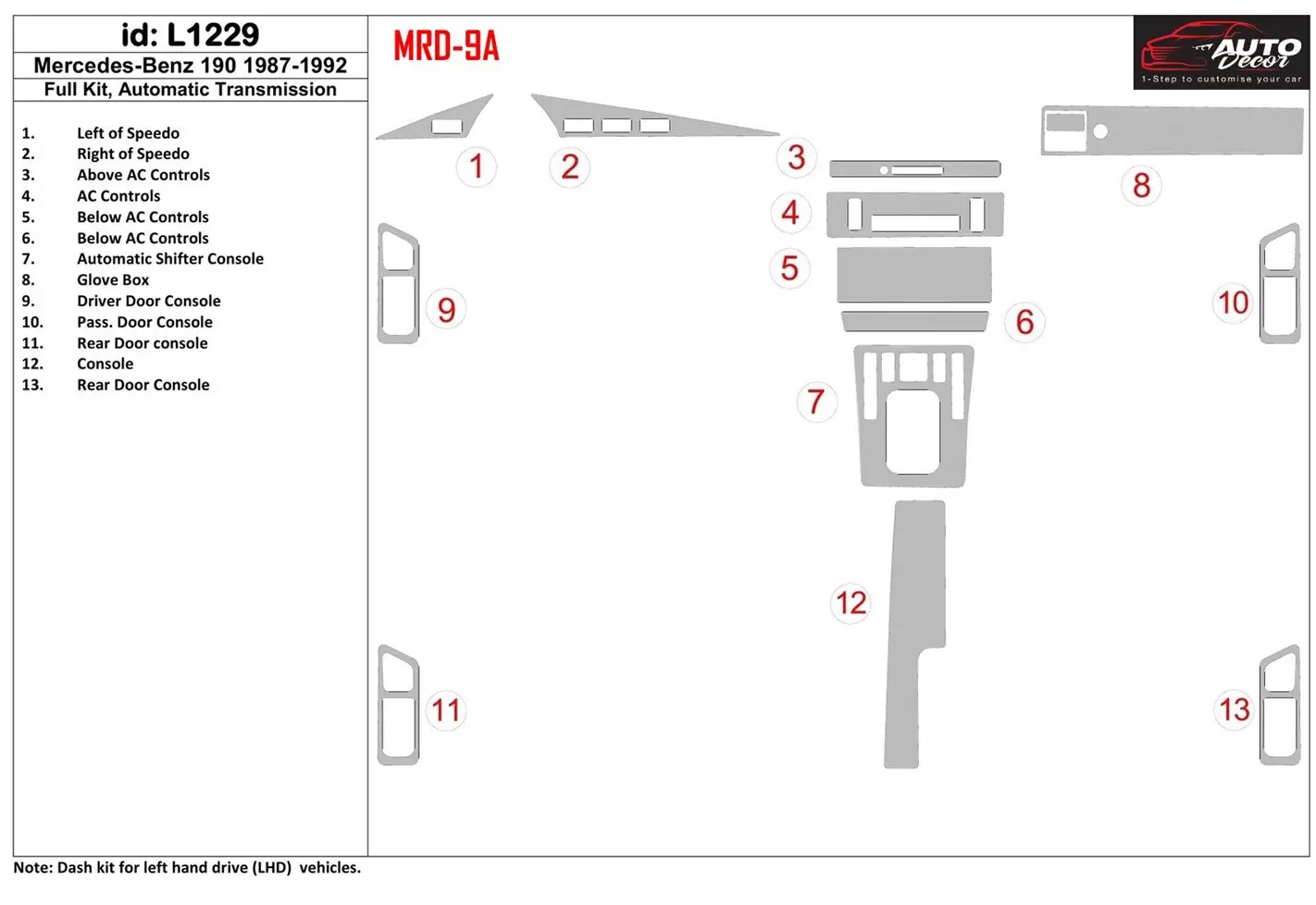 Mercedes Benz 190 1987-1992 Ensemble Complet, Boîte automatique BD Kit la décoration du tableau de bord - 1 - habillage decor de