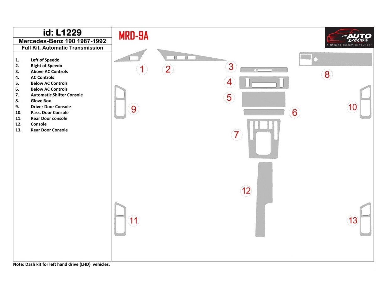 Mercedes Benz 190 1987-1992 Full Set, Automatic Gear Interior BD Dash Trim Kit