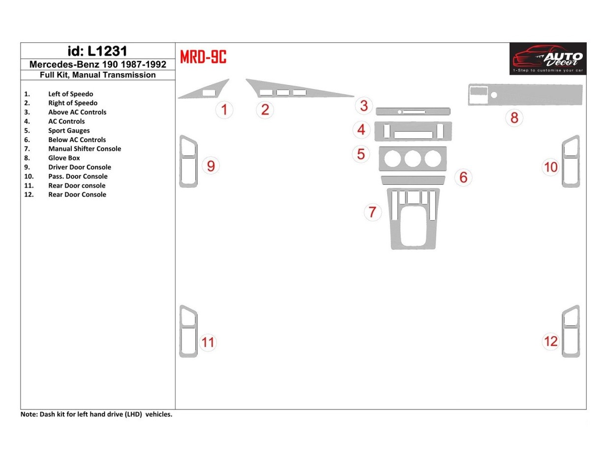 Mercedes Benz 190 1987-1992 Full Set, Manual Gear Box, With Sport Gauges BD Interieur Dashboard Bekleding Volhouder