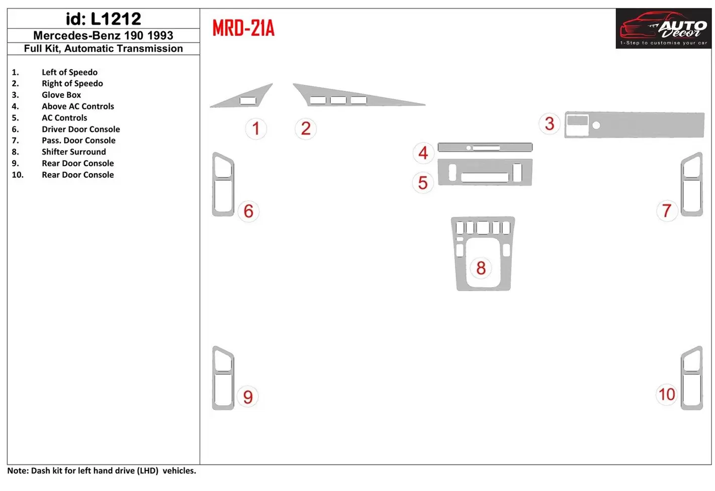 Mercedes Benz 190 1993-1993 Full Set, Manual Gear Box BD Interieur Dashboard Bekleding Volhouder