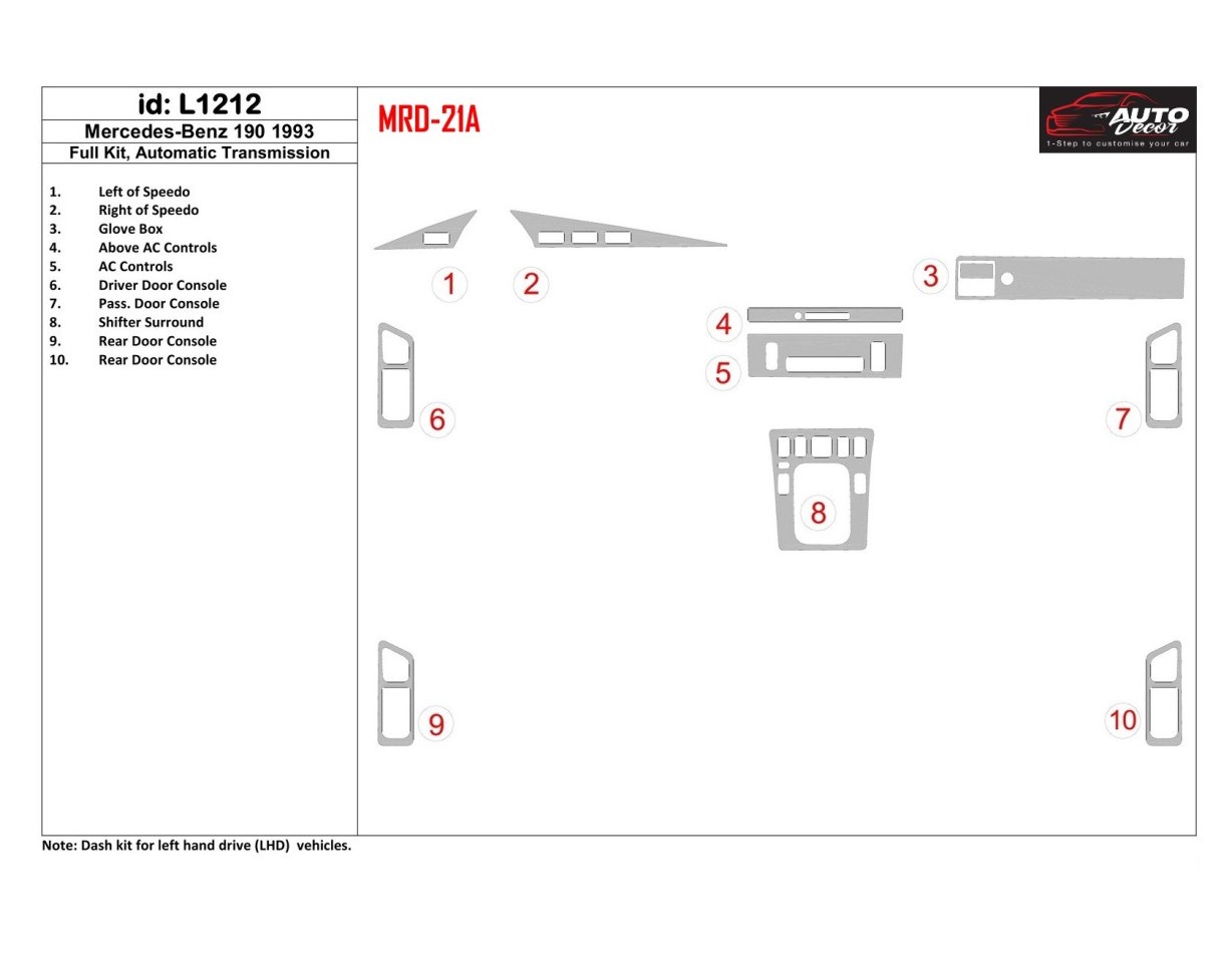 Mercedes Benz 190 1993-1993 Voll Satz, Manual Gear Box BD innenausstattung armaturendekor cockpit dekor - 1- Cockpit Dekor Innen