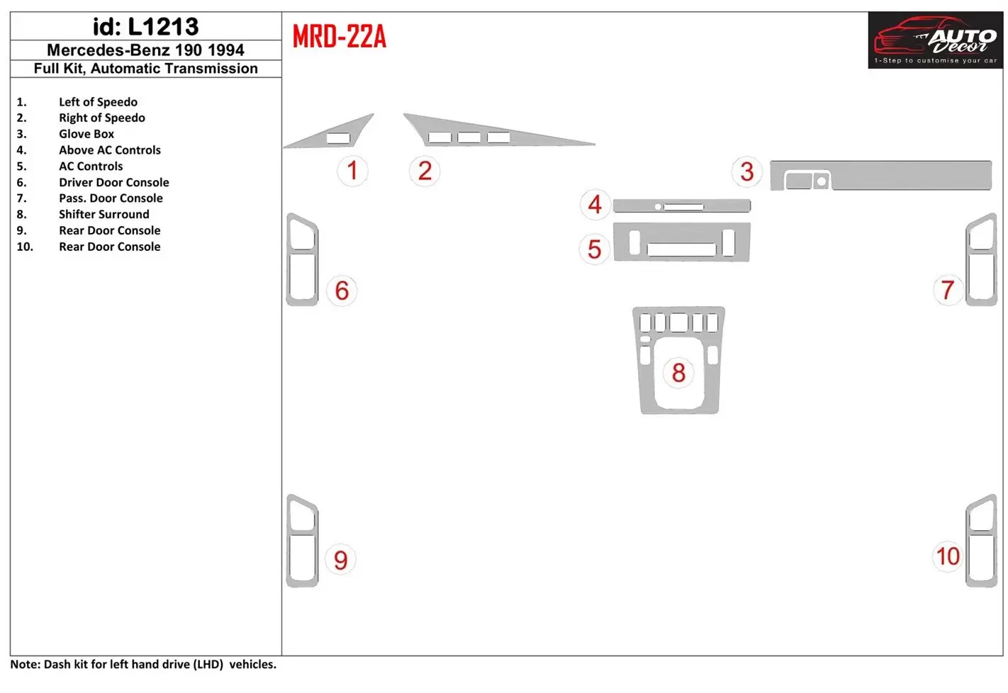 Mercedes Benz 190 1994-1994 Ensemble Complet, boîte manuelle Box BD Kit la décoration du tableau de bord - 1 - habillage decor d