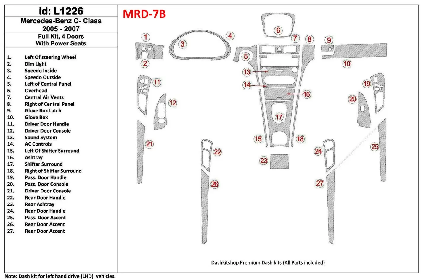 Mercedes Benz C Class 2005-2007 Ensemble Complet, 4 Des portes Coupe, Avec Power Seats BD Kit la décoration du tableau de bord -