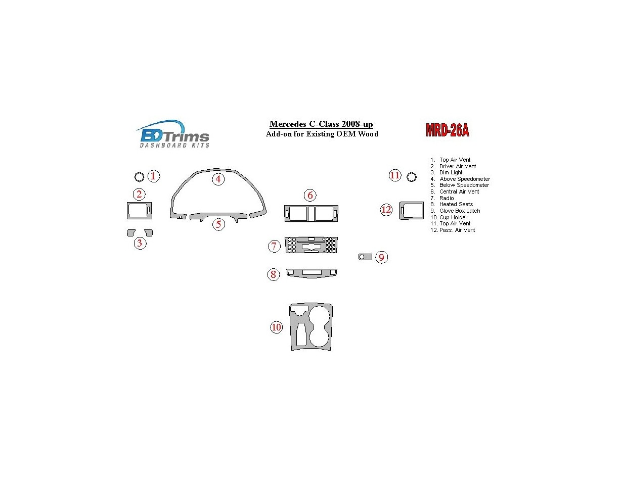 Mercedes Benz C Class 2008-UP Ensemble Complet BD Kit la décoration du tableau de bord - 1 - habillage decor de tableau de bord