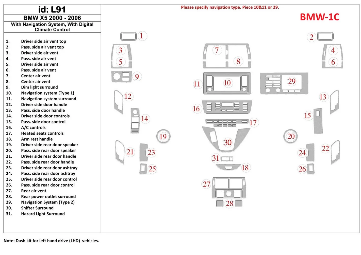 BMW X5 2000-2006 Avec NAVI system BD Kit la décoration du tableau de bord - 1 - habillage decor de tableau de bord