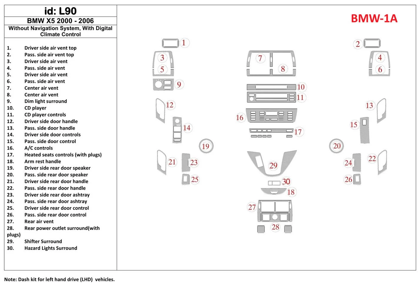 BMW X5 2000-2006 Sans NAVI system, Boîte automatique AC Control BD Kit la décoration du tableau de bord - 1 - habillage decor de