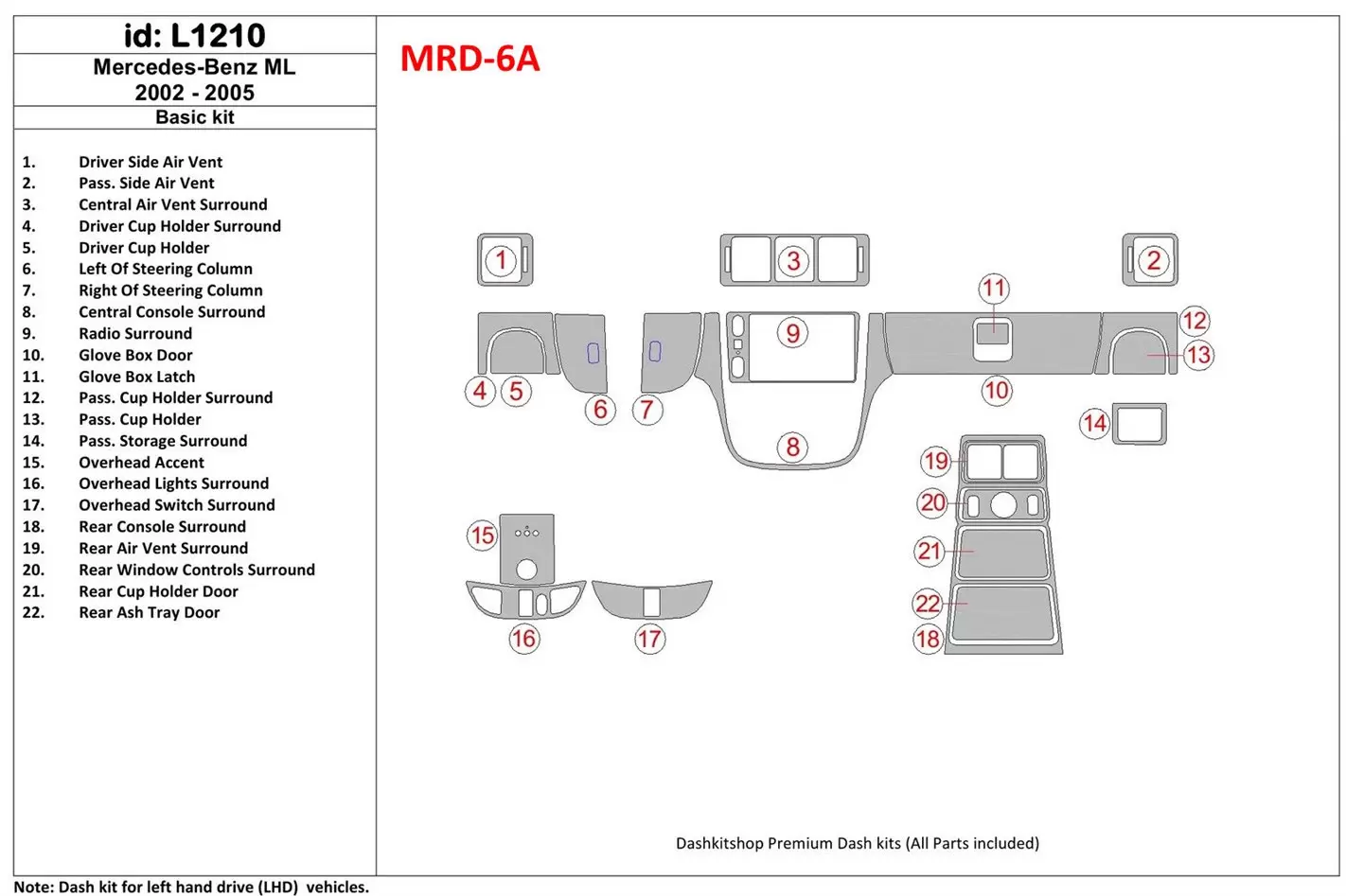 Mercedes Benz M Class 2002-2005 Base Kit Cruscotto BD Rivestimenti interni