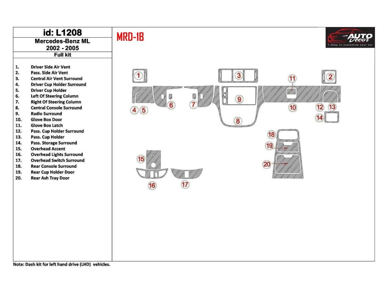 Mercedes Benz M Class 2002-2005 Full Set BD Interieur Dashboard Bekleding Volhouder