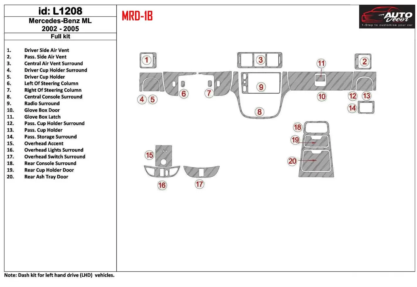 Mercedes Benz M Class 2002-2005 Full Set BD Interieur Dashboard Bekleding Volhouder