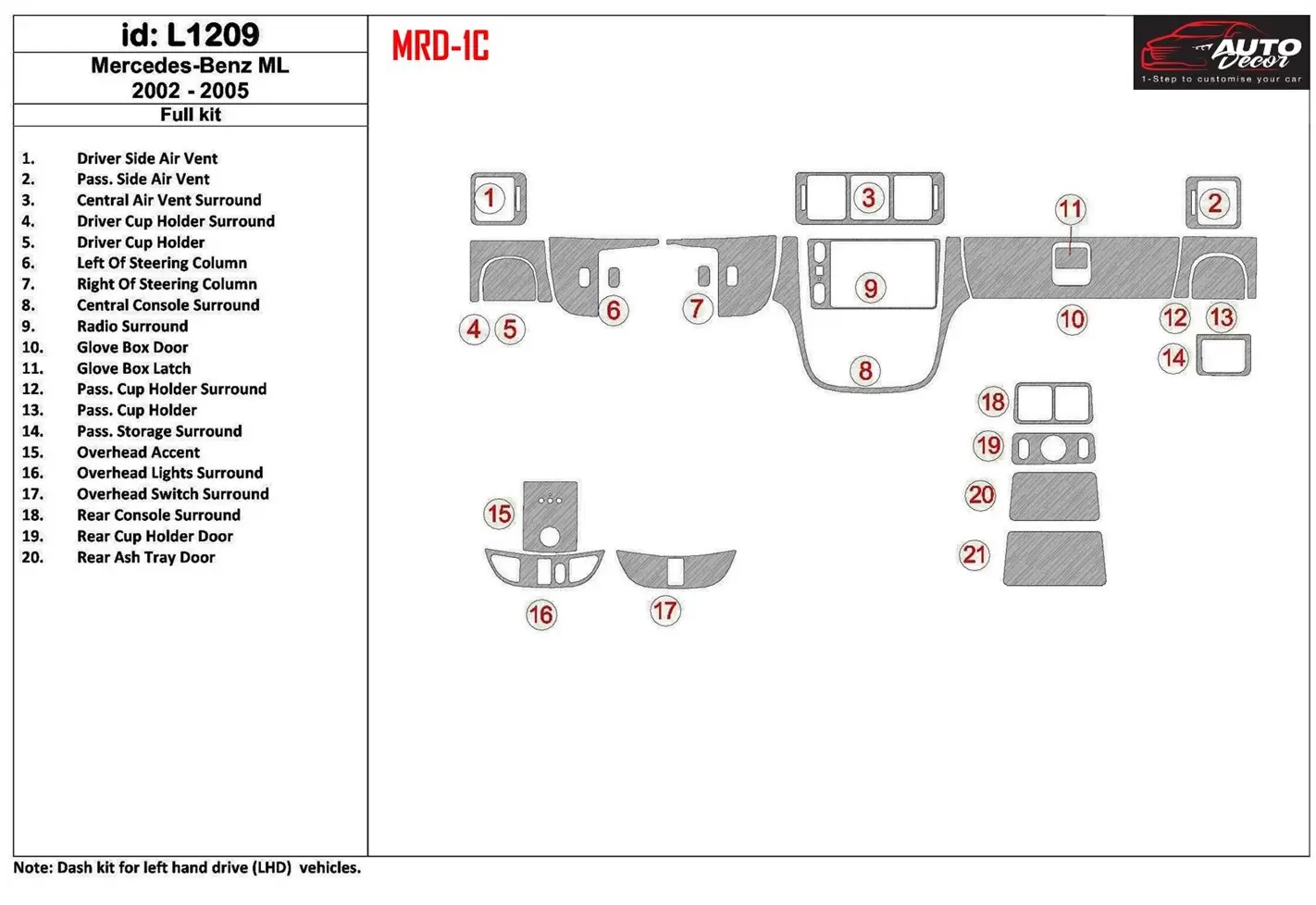 Mercedes Benz M Class 2002-2005 Ensemble Complet, ML55 BD Kit la décoration du tableau de bord - 1 - habillage decor de tableau 