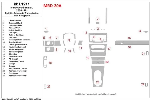 Mercedes Benz M Class 2006-UP Full Set, Automatic Gear, With NAVI Interior BD Dash Trim Kit