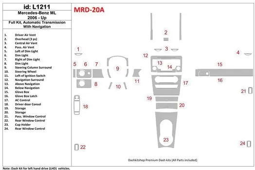 Mercedes Benz ML W164 Class 2006-UP Full Set, Automatic Gear, With NAVI Cruscotto BD Rivestimenti interni