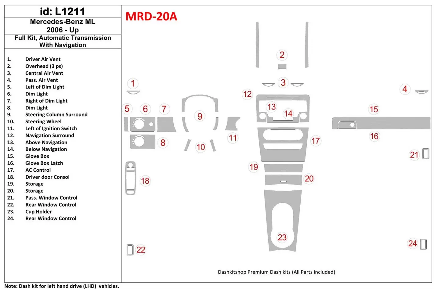 Mercedes Benz ML W164 Class 2006-UP Ensemble Complet, Boîte automatique, Avec NAVI BD Kit la décoration du tableau de bord - 1 -