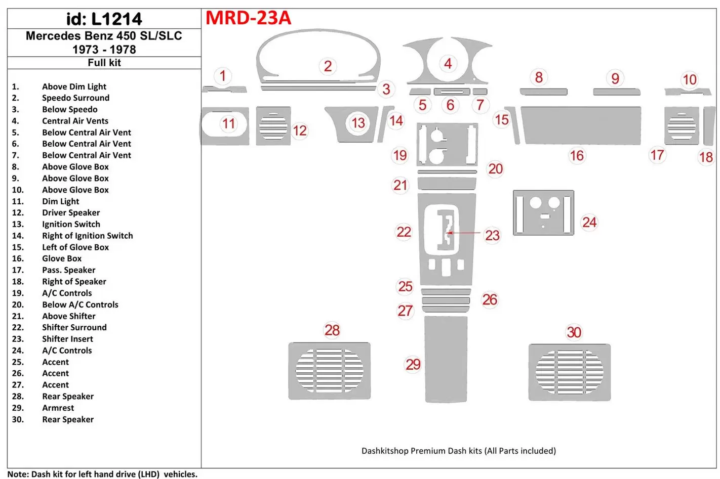 Mercedes Benz R107 450 SL/SLC 1973-1978 Full Set BD Interieur Dashboard Bekleding Volhouder