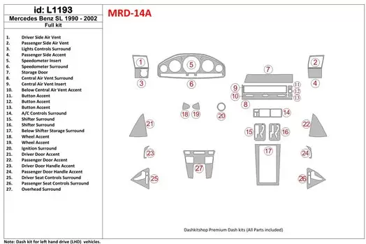 Mercedes Benz R129 SL Class 1990-2002 Ensemble Complet BD Kit la décoration du tableau de bord - 1 - habillage decor de tableau 