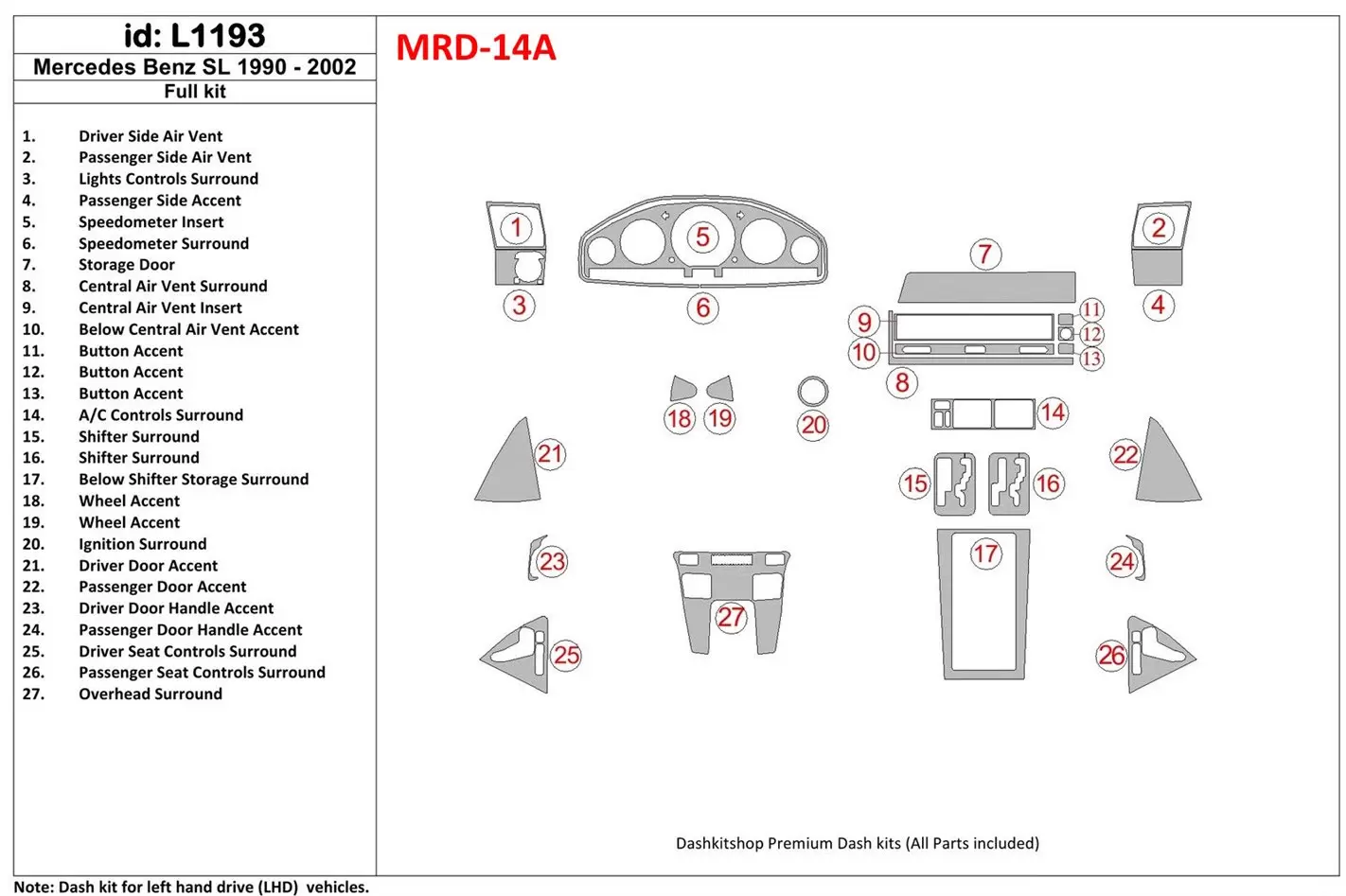 Mercedes Benz R129 SL Class 1990-2002 Full Set BD Interieur Dashboard Bekleding Volhouder