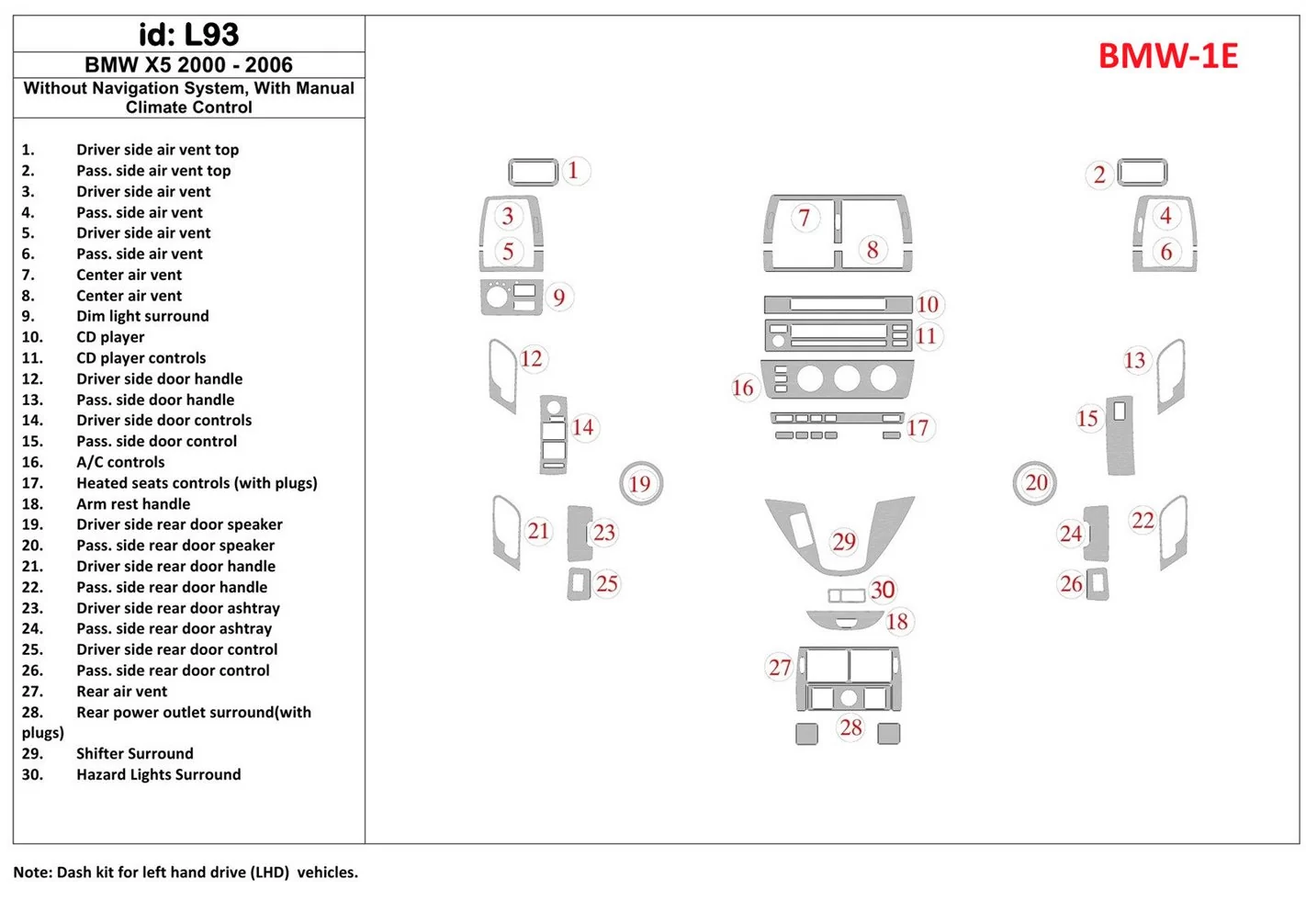 BMW X5 2000-2006 Without NAVI system, Manual Gearbox AC Control BD Interieur Dashboard Bekleding Volhouder