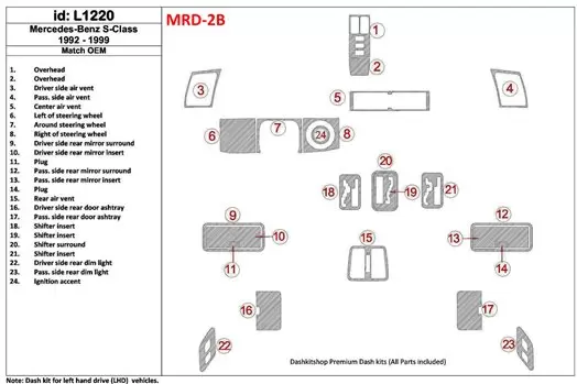 Mercedes Benz S Class 1992-1999 Voll Satz, OEM Compliance BD innenausstattung armaturendekor cockpit dekor - 1- Cockpit Dekor In