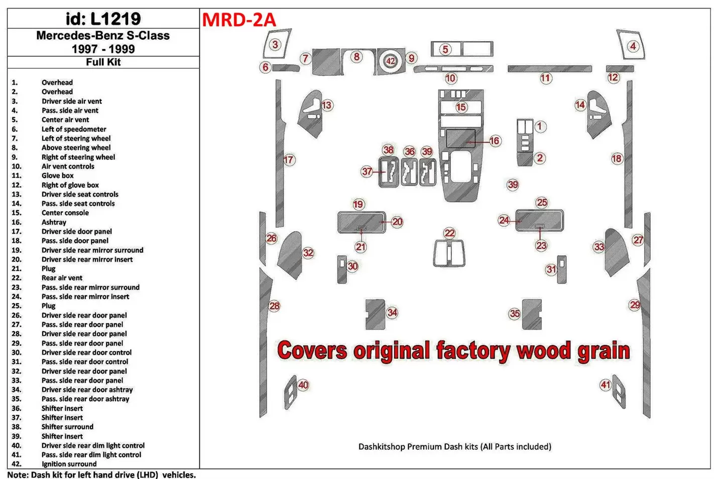 Mercedes Benz S Class 1997-1999 Full Set, Cover All OEM Wood Kit Cruscotto BD Rivestimenti interni