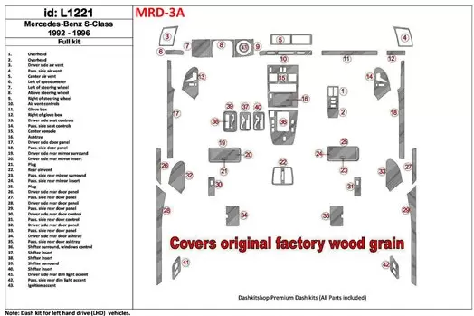 Mercedes Benz S Class W140 1992-1996 Full Set, Cover All OEM Wood Kit BD Interieur Dashboard Bekleding Volhouder